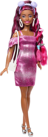 Barbie-Puppe, lustiges, stilvolles Haar mit extra langen, bunten schwarzen Haaren und glitzerndem rosa Kleid, 10 Frisuren und Modeaccessoires JDC86
