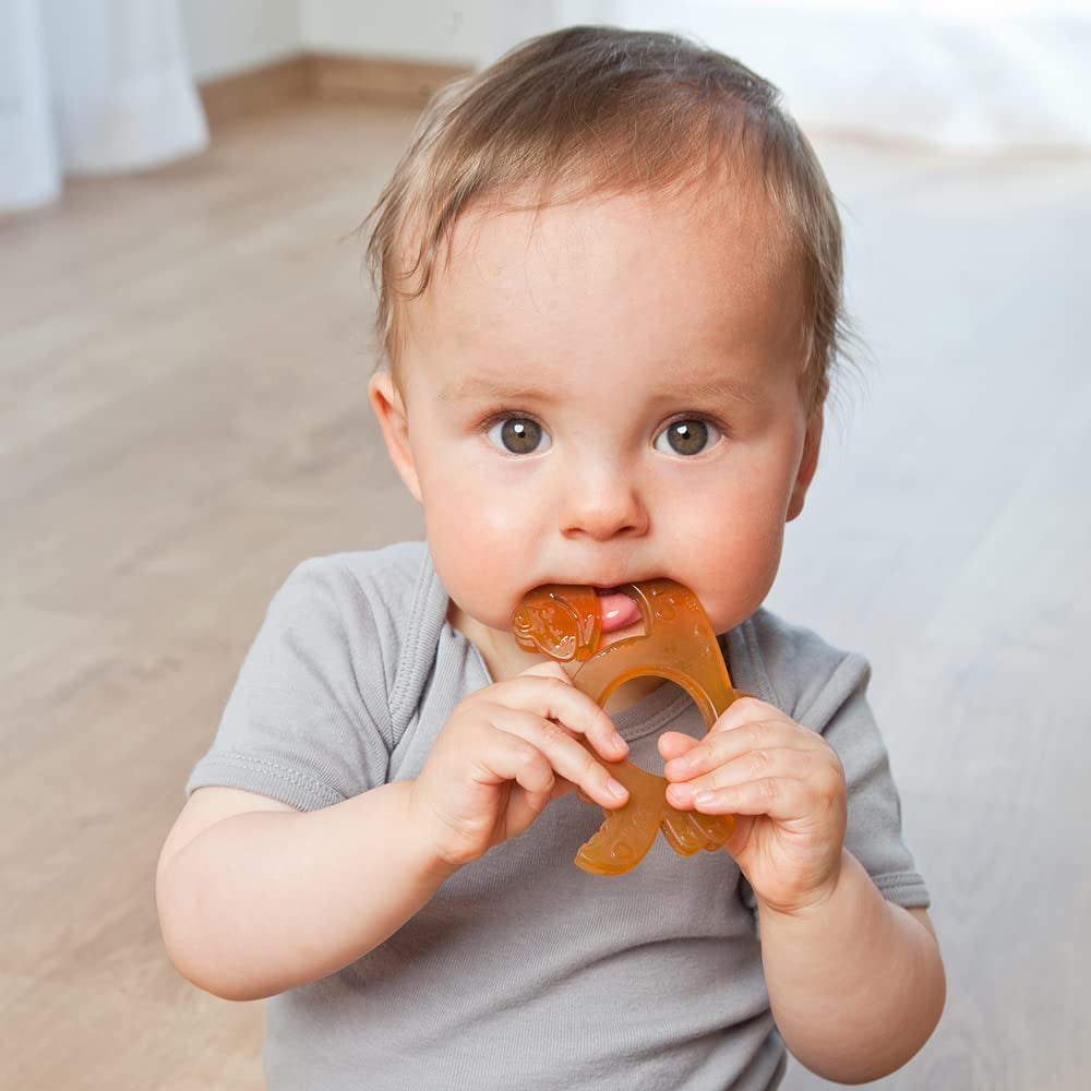Bio-Naturkautschuk-Baby-Beißring, Massagegummi, BPA-frei, weich, fördert die Feinmotorik, Dinosaurier-Design (639-V1). Fingerzahnbürste aus Naturkautschuk
