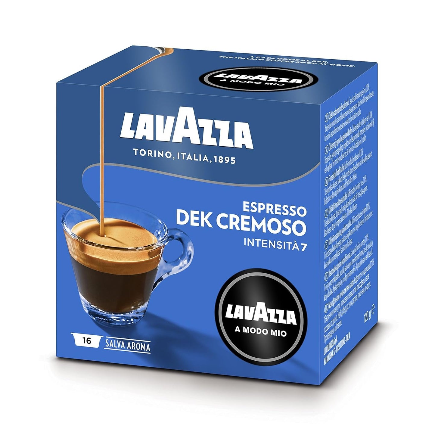 Lavazza A Modo Mio Dek Cremoso, 256 Kaffeekapseln, für entkoffeinierten Espresso mit aromatischen Noten von Mandeln und Candidis, 100 % Arabica, Intensität 7/13, mittlere Röstung, 16 Packungen