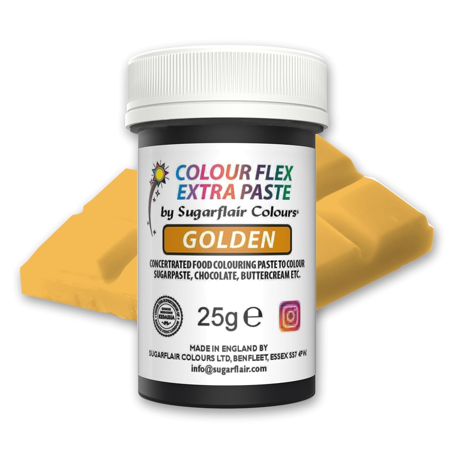 Lebensmittelfarbpaste Sugarflair Colourflex Extra Paste Golden – Essbare Lebensmittelfarbe für Buttercreme, Schokolade, Zuckerpaste, Glasur, Fondant, Kuchenmischungen, Teig und mehr – 25 g