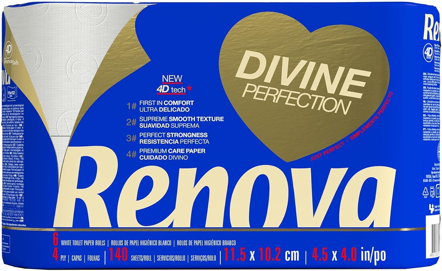 Renova Renova Divine Perfection Toilettenpapier, 42 Rollen, Premium-Toilettenpapier, 4-lagig, ultraweich, extra stark, dick, weich und saugfähig, FSC-zertifiziertes Papier, 4400 g