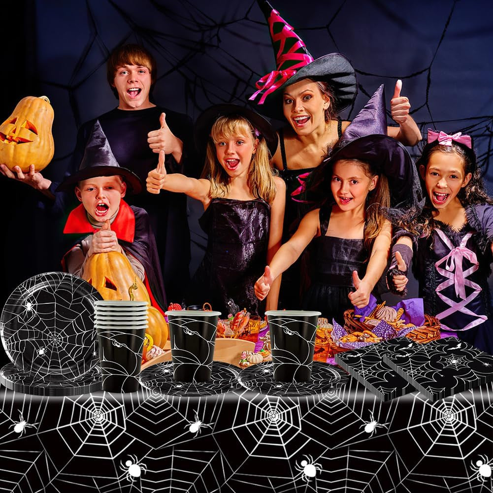 49-teiliges Halloween-Spinnen-Papierbesteckset mit Tellern, Servietten, Gläsern und Tischdecke. Schwarzes Geschirrset mit Desserttellern, Servietten und Gläsern.