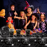 49-teiliges Halloween-Spinnen-Papierbesteckset mit Tellern, Servietten, Gläsern und Tischdecke. Schwarzes Geschirrset mit Desserttellern, Servietten und Gläsern.