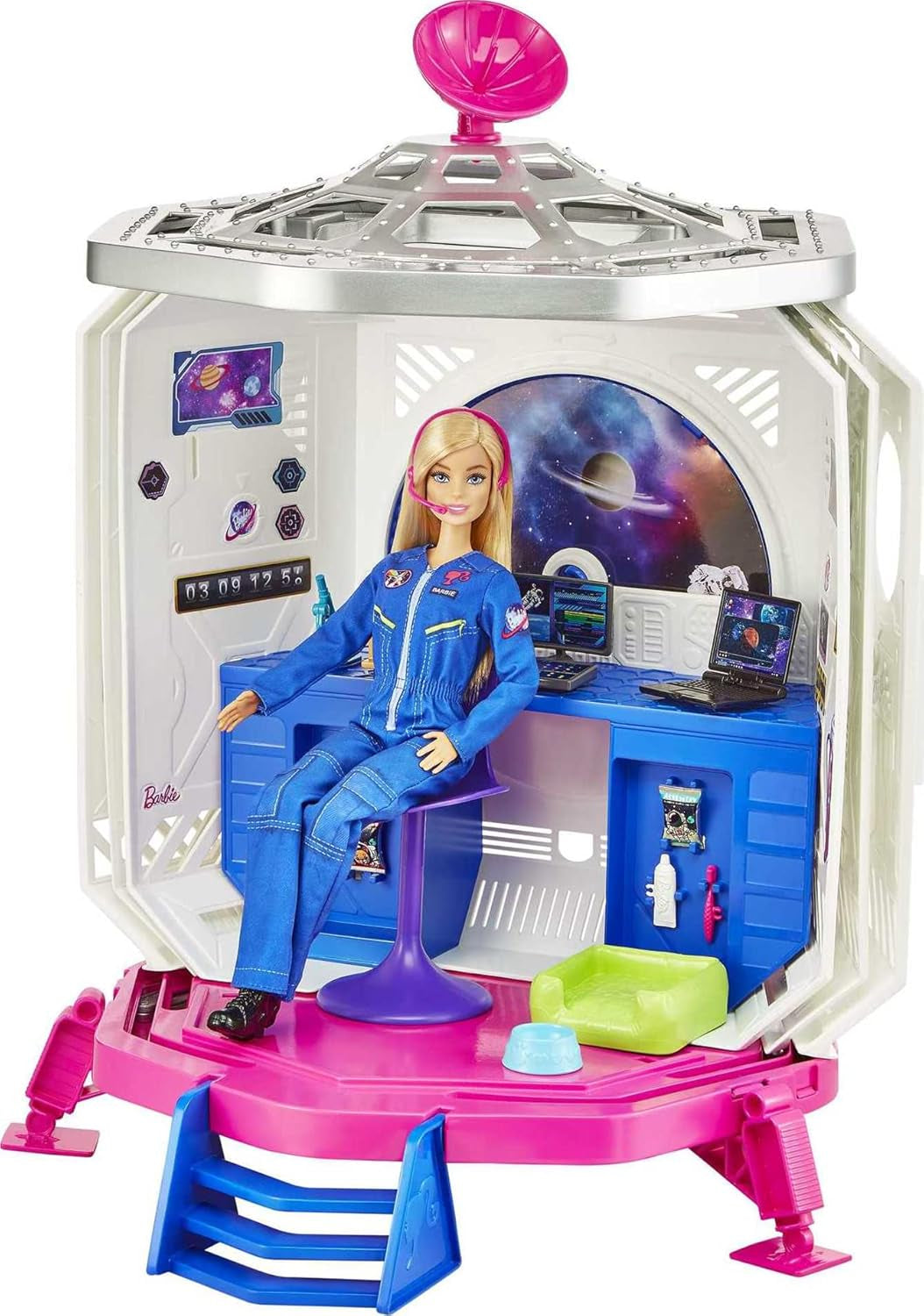 Barbie GXF27 – Raumstation, Weltraumabenteuer, Weltraumpuppe, Welpe, Arbeitsplatz, Weltraumszenen, 20 Zubehörteile, Geschenkspielzeug für Kinder ab 3 Jahren