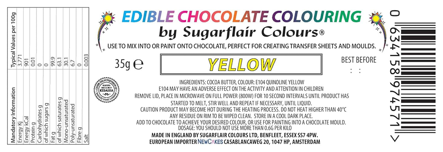 Lebensmittelfarbe Sugarflair Chocolate Gelbe Lebensmittelfarbe für Schokolade – Farbige Bio-Kakaobutter, Schokoladenfarbe zum Färben von Schokolade, Pralinen – 35 g