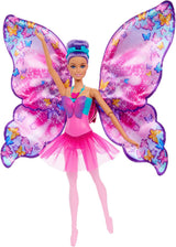 Barbie Tänzerin und Schmetterling 2-in-1 verwandelt Tänzerin in einen Schmetterling mit aufklappbaren Flügeln, lila Haaren, Haarschmuck und abnehmbarem Tutu, HXJ10