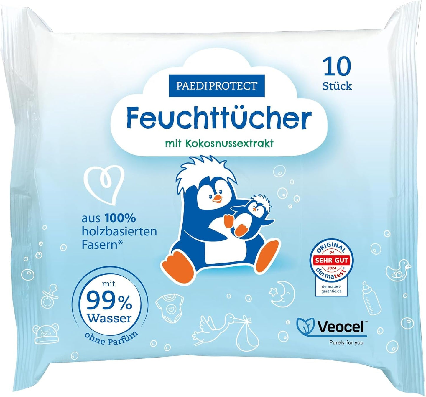 PAEDIPROTECT Baby-Feuchttücher, 1 x 10 Stück, empfindliche Baby-Wasser-Feuchttücher, 99 % Wasser, frei von Duftstoffen, für Babys und Kinder, zarte Haut, ohne Kokosnussextrakt, ohne Mikroplastik, vegan (5er-Pack)