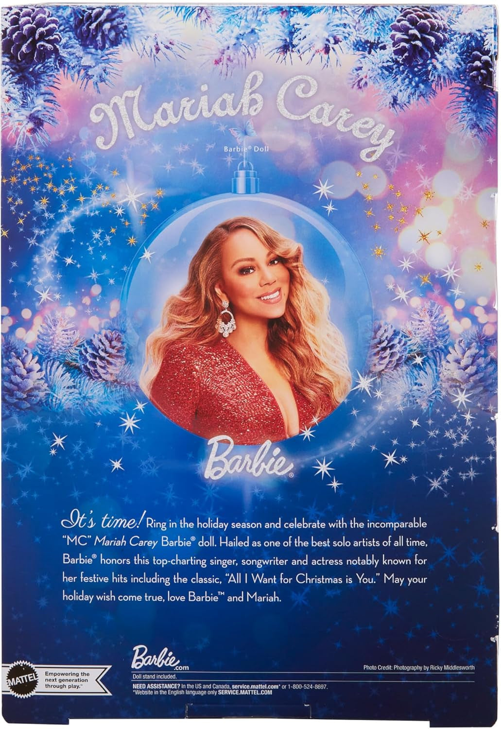 Barbie Mariah Carey – Sammlerpuppe mit glitzerndem roten Kleid, Rüschen, Schlitz, bezaubernden Locken, silbernen Accessoires, roten High Heels, Weihnachtstradition, Dekoration, HJX17
