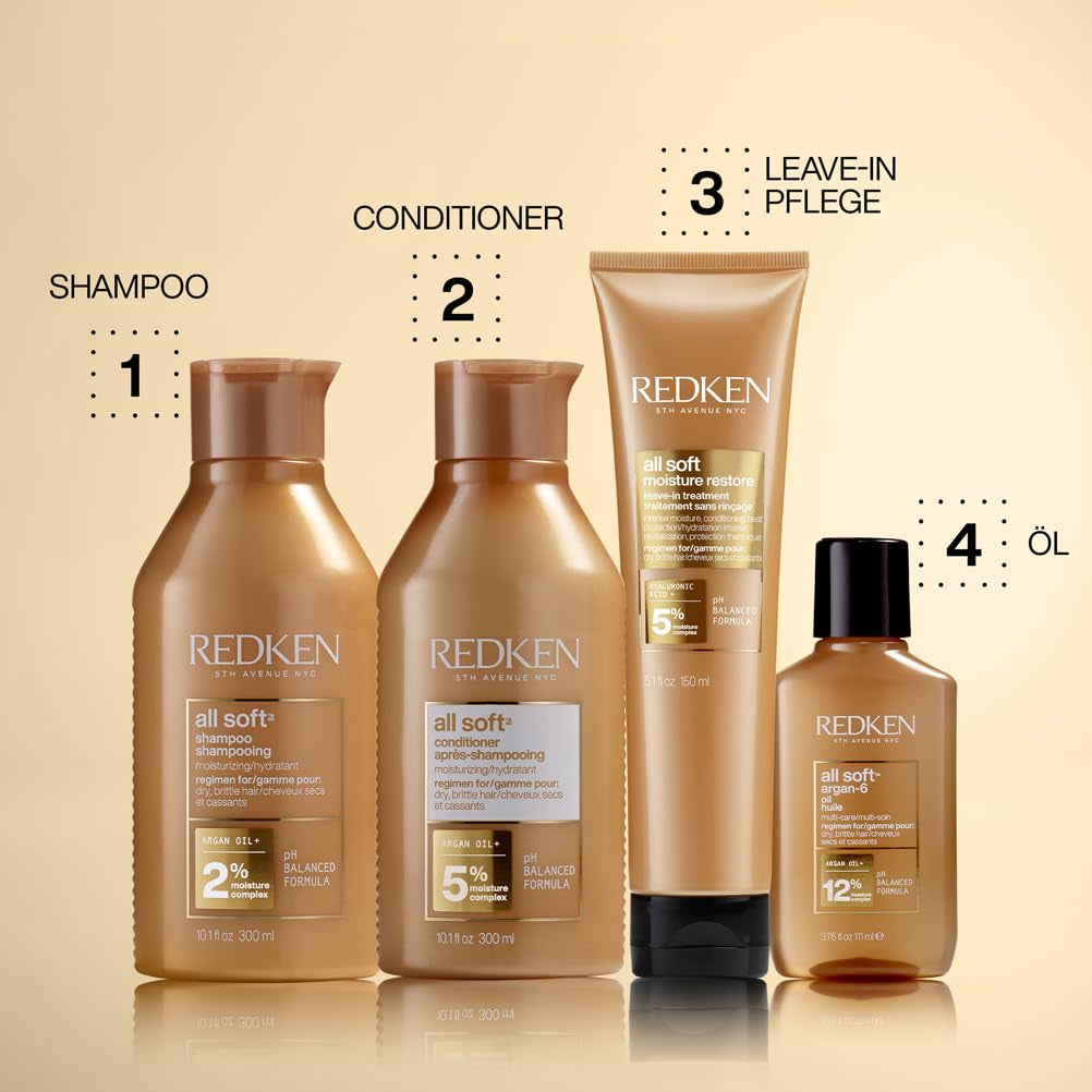 Redken Haarmaske mit Hyaluronsäure für trockenes Haar, Anti-Frizz und Hitzeschutz bis 230 °C, All Soft Moisture Restore Leave-In-Maske, 1 x 150 ml Naty Shop Haarmaske