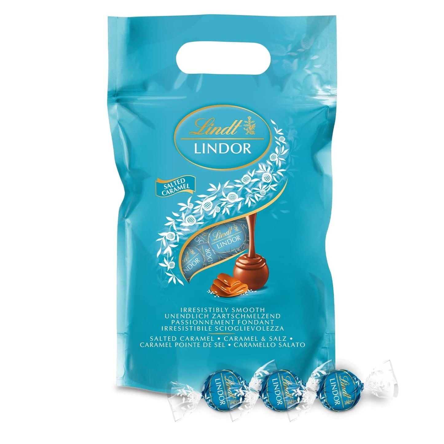 LINDOR Schokokugeln mit gesalzenem Karamell | ca. 80 Milchschokoladenkugeln mit Salzkaramellfüllung | Großpackung & Marc de Champagne-Schokoladenkugeln | 700 g