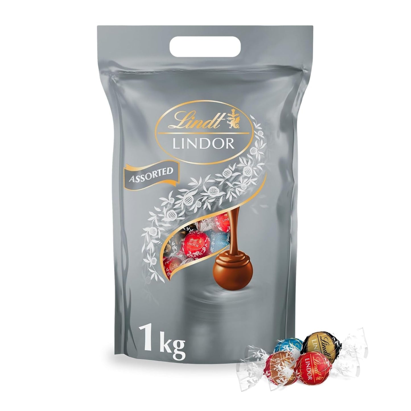 Lindt-Schokolade | Sortierte Tasche LINDOR silber | 1 kg Beutel | 80 zartschmelzende Milchschokoladenkugeln, 70 %, gesalzener Karamell und doppelter Schokoladengeschmack | Schenken Sie Schokolade zum Teilen