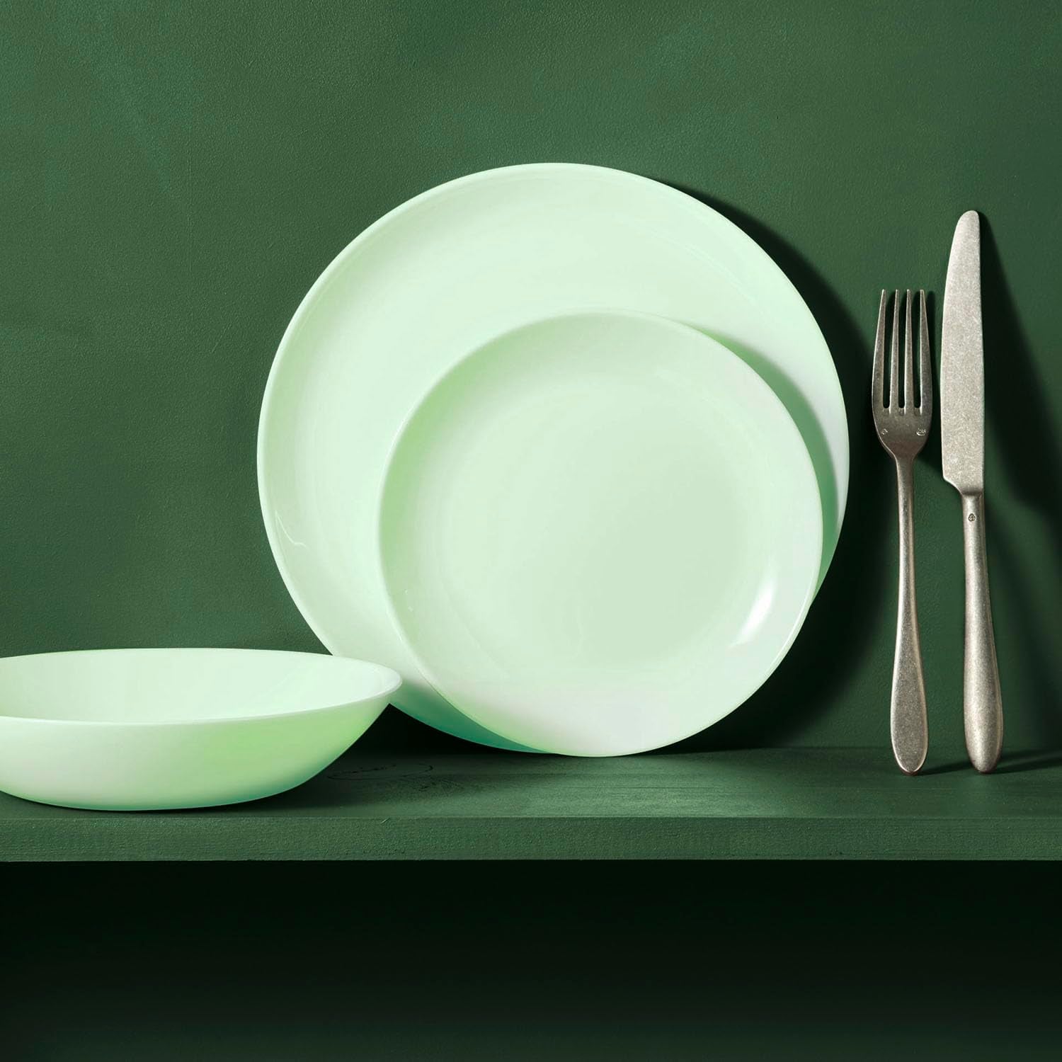 Tafelservice aus Opalglas, grün, 12-teilig, für 4 Personen