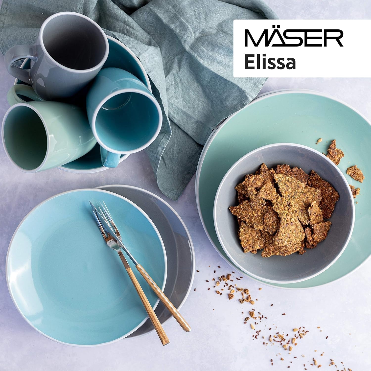 MÄSER 931844 Serie Elissa, modernes Geschirrset für 6 Personen, blau mit weißem Rand, 24-teiliges Kombi-Set, Keramik