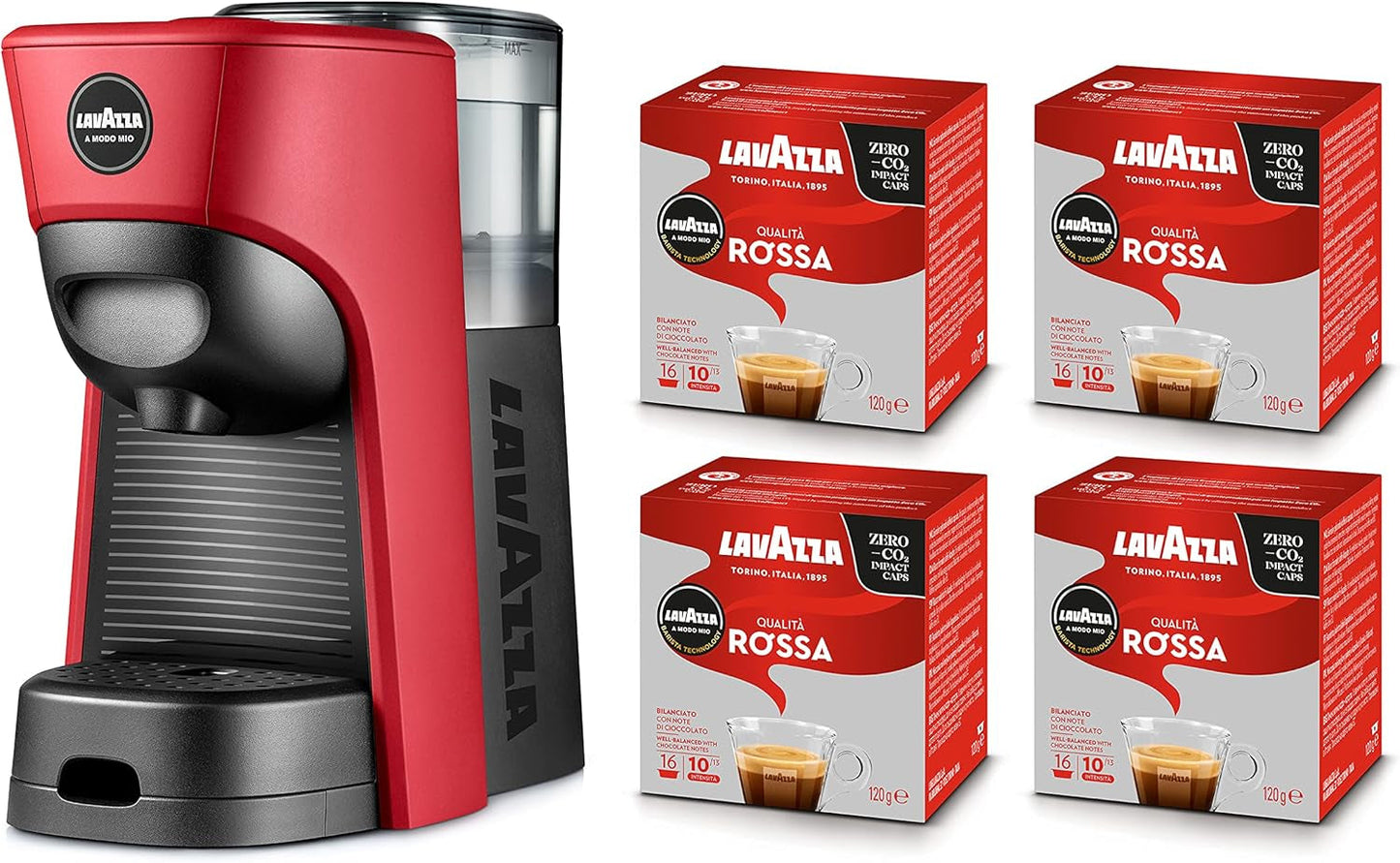Lavazza, Espressor A Modo Mio Tiny Eco Red mit 64 Kapseln, Espressor aus recyceltem Kunststoff, 1450 W, 220-240 V, 50/60 Hz, 0,6 Liter