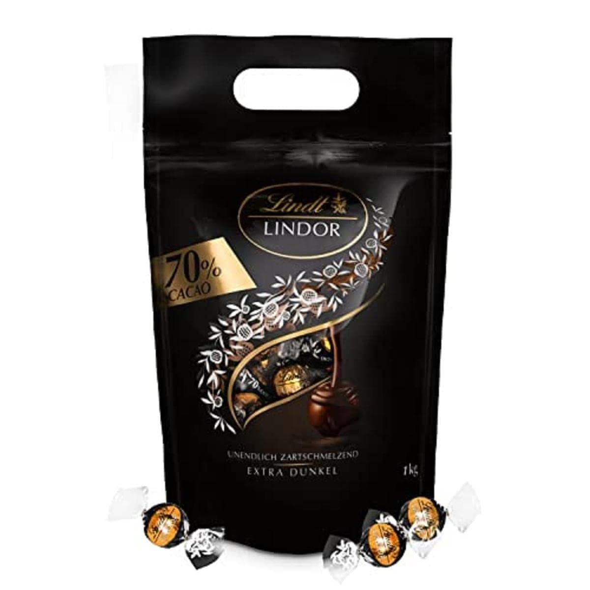 Lindt LINDOR Extra Dark Chocolate Balls und LINDOR Strawberry Creme Chocolate Balls | 1 kg wiederverschließbarer Beutel | ca. 80 weiße Schokoladenkugeln mit Erdbeercreme
