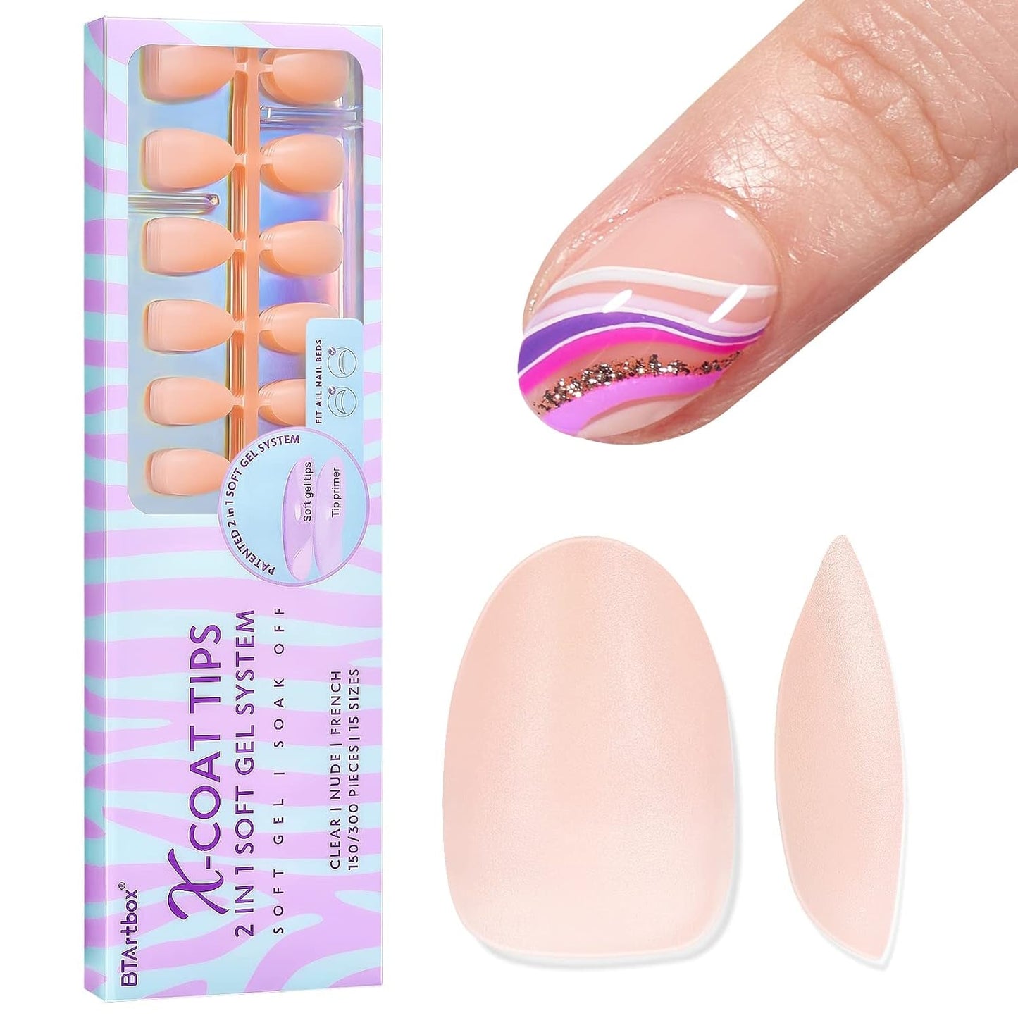 Btartbox Extra kurze weiche Gel-Nägel, vollständige Abdeckung, kurze Mandel-Nagelspitzen, 160 Stück, vorgefertigte XCOATTIPS künstliche Nägel, kurze Mandel-Nagelspitzen für Nagelverlängerungen