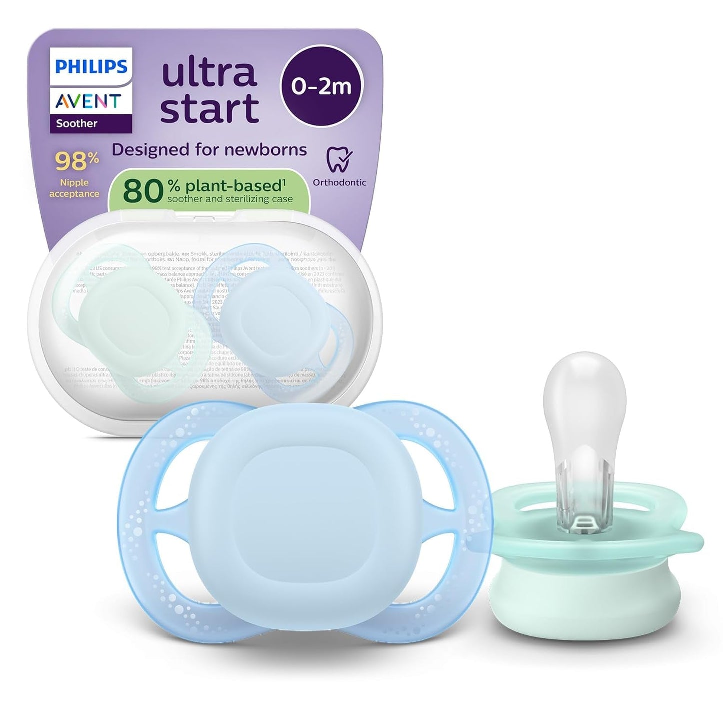 Philips AVENT Ultra Start Nachtschnuller, kieferorthopädischer Schnuller für Neugeborene, leuchtet im Dunkeln, BPA-frei, mit Sterilisationsbehälter, Doppelpack, Mond, Stern, SCF075/07