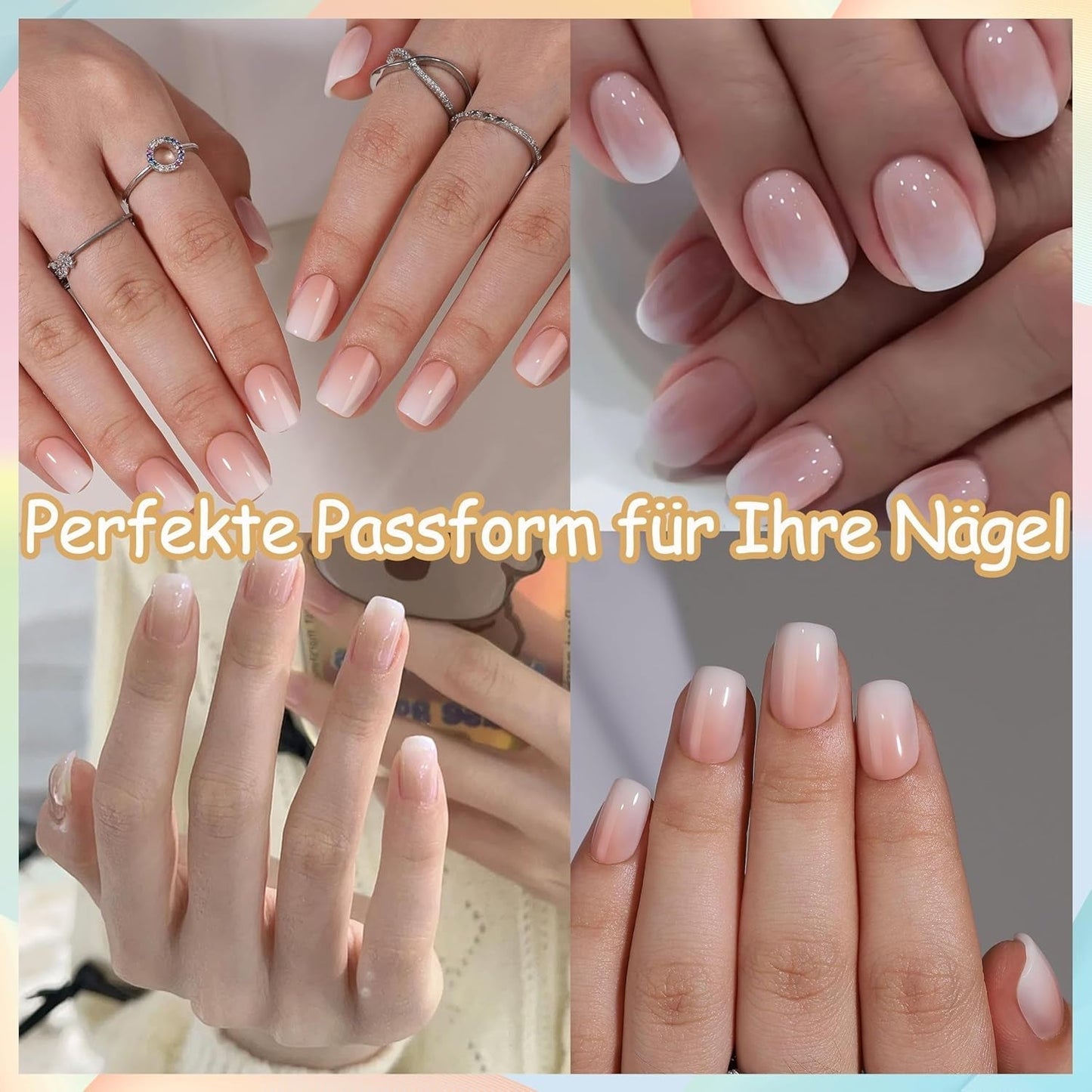 Set mit künstlichen Nägeln – 240 Stück, kurze, quadratische Nägel, weiches Gel, Modell Nude, weißer Farbverlauf, künstlicher natürlicher Kleber auf künstlichen Nägeln für Frauen, DIY (nackter Farbverlauf, 240 x)