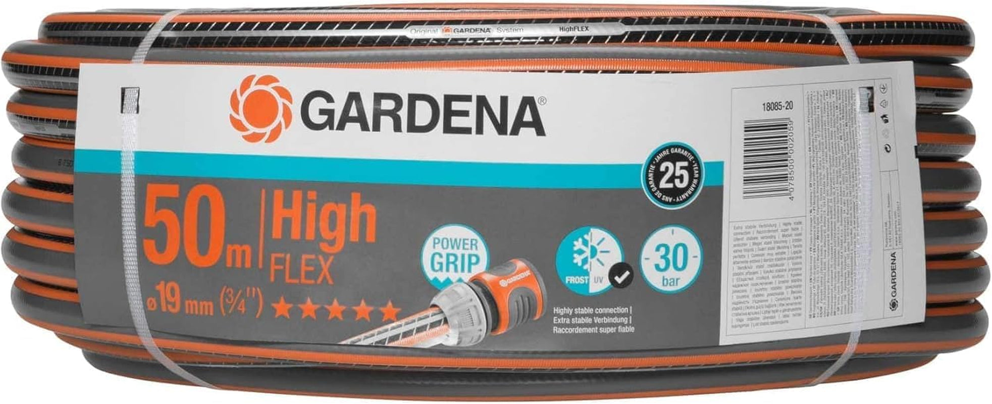 Gardena Gartenschlauch Polyvinylchlorid (PVC), Comfort HighFLEX 19 mm (3/4 Zoll), 50 m: Gartenschlauch mit Power-Grip-Profil, 30 bar Berstdruck, sehr flexibel, formstabil, UV-beständig, verpackt (18085-20)