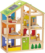 Hape Four Seasons Puppenhaus – preisgekröntes dreistöckiges Puppenhaus aus Holz mit Möbeln, Zubehör, Schiebetreppe und Wendedach für alle Jahreszeiten, für Kinder ab 3 Jahren