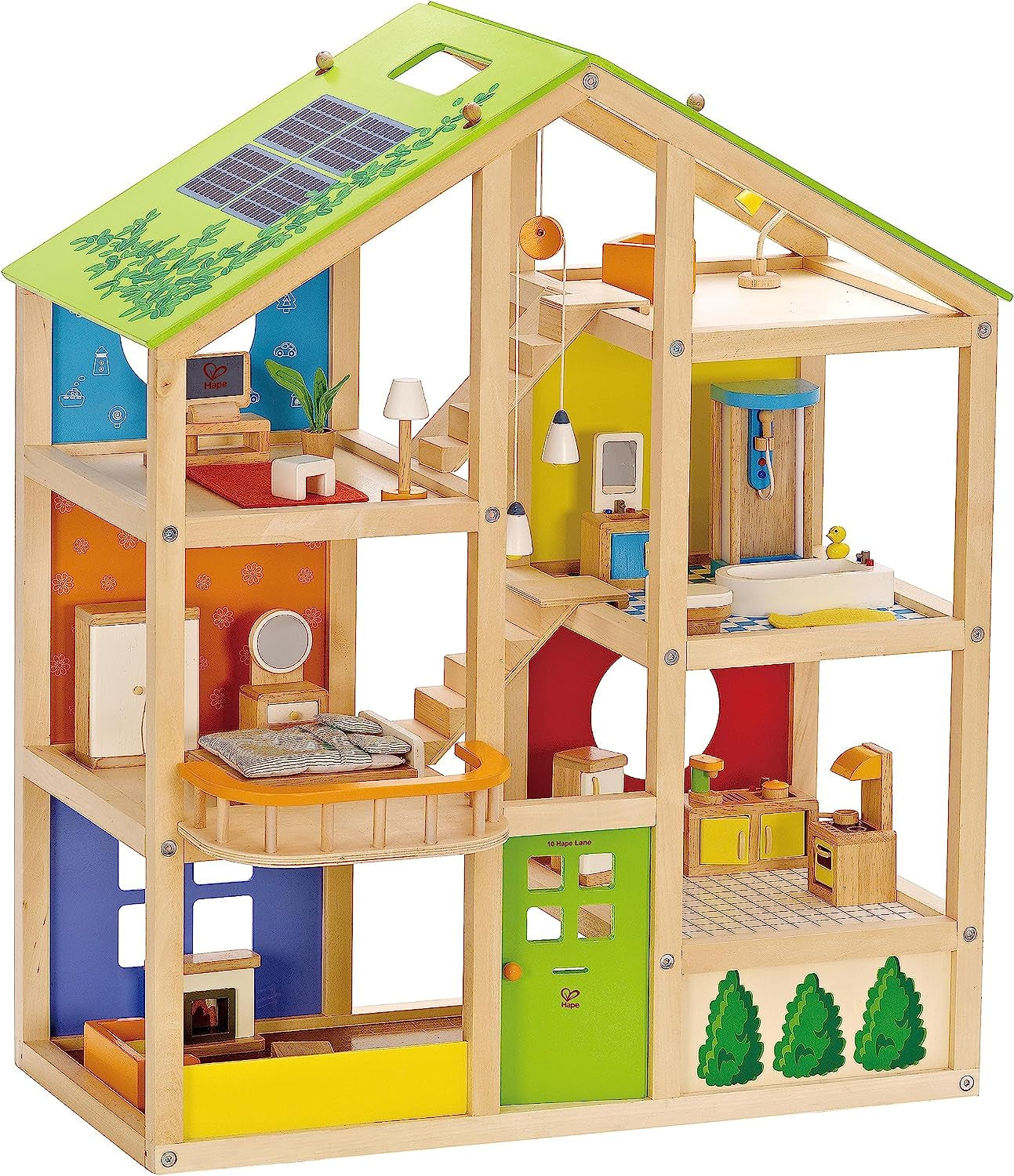 Hape Four Seasons Puppenhaus – preisgekröntes dreistöckiges Puppenhaus aus Holz mit Möbeln, Zubehör, Schiebetreppe und Wendedach für alle Jahreszeiten, für Kinder ab 3 Jahren