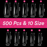 Alyvisun Ballett-Nagelspitzen, 500 Stück, vollständig abdeckende Acryl-Nagelspitzen mit 240 Stück Nagelaufkleber-Set, 10 Größen, transparente Gel-Nagelspitzen, weiche Gel-Nagelspitzen, Ballerina-Nagelspitzen
