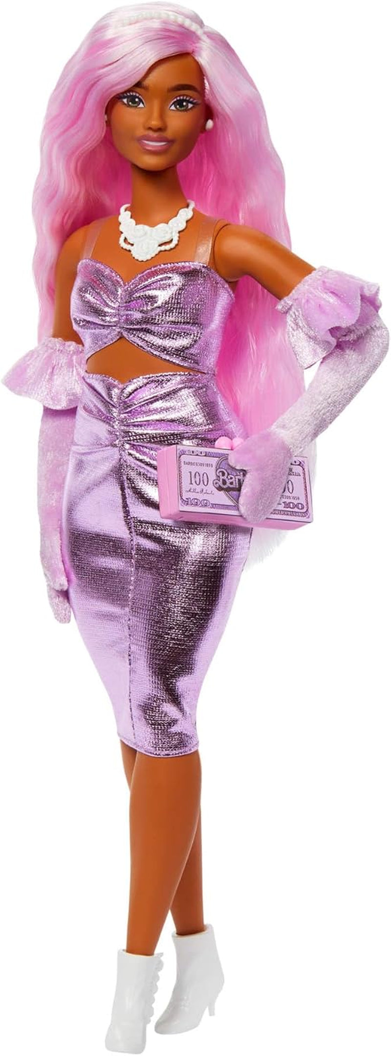 Barbie-Puppe Deluxe Style-Nr. 3 mit Barbiecore-Outfit, blonden Haaren in einem hohen Dutt, pastellrosa Kleid mit übergroßer Schleife und Accessoires wie Netzstrumpfhosen, HYV27 Pink Naty Shop Dolls