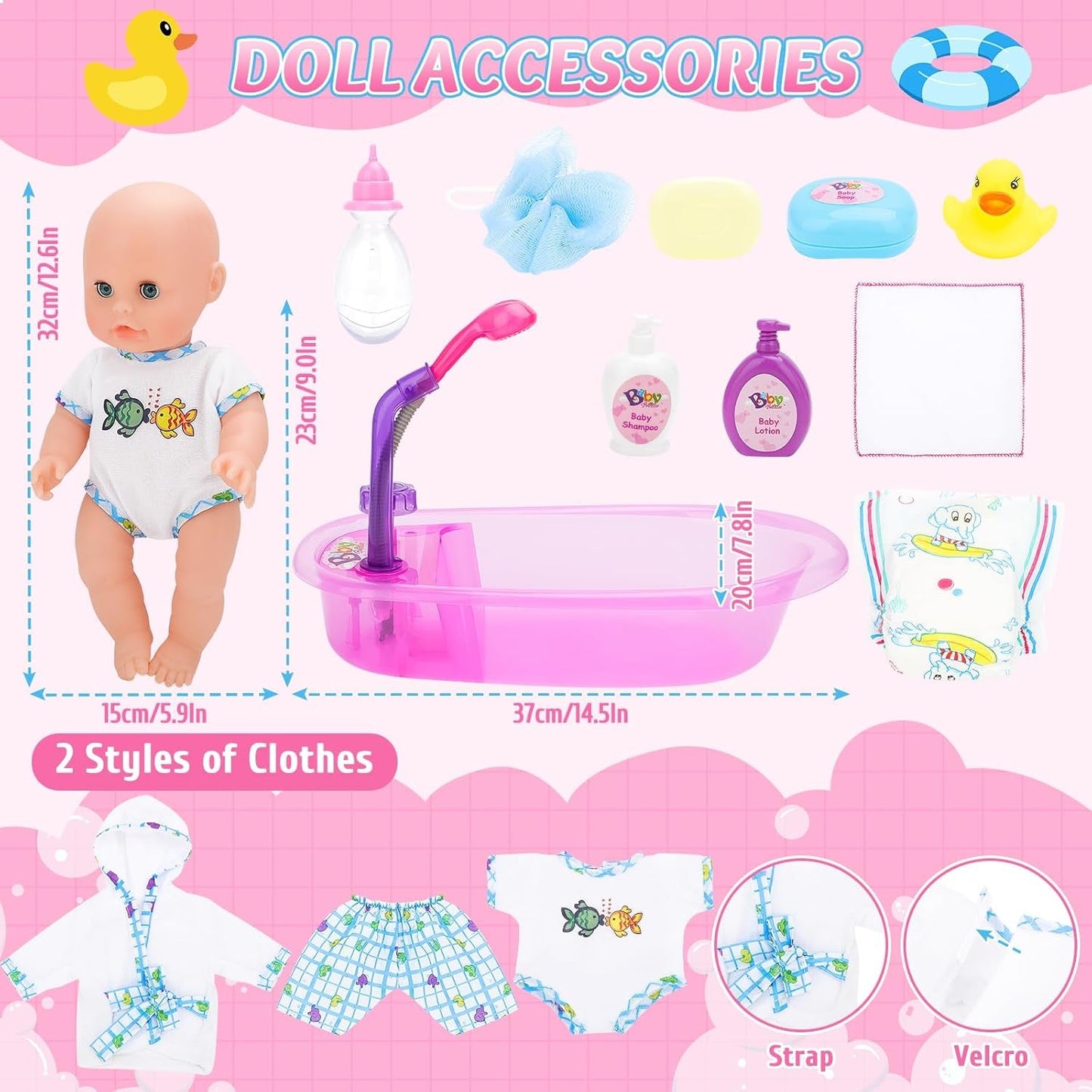 deAO Puppenbadewannen-Set, 33 cm große interaktive Puppe, Puppenbadewanne, Puppenspielset mit Schnuller, Puppenkleidung, Bademantel, Puppenwindeln, Badewanne und funktionellem Duschspray