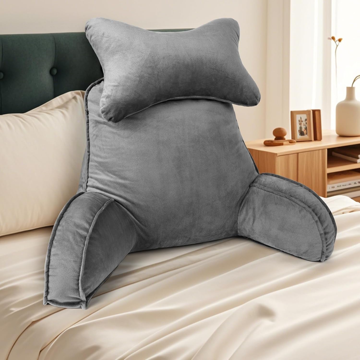 Lesekissen, Rückenkissen mit Nackenrolle und abnehmbaren Armlehnen, Bettruhekissen für Bett oder Sofa, Rückenkissen zum Lesen, Arbeiten und Spielen