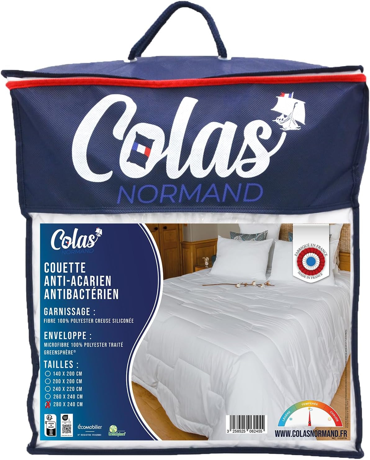 COLAS NORMAND – Steppdecke gegen Milben und Bakterien – gemäßigt – 280 x 240 cm – langanhaltende Wirkung – perfekte Hygiene – Mikrofaser – weich und bequem – waschbar. Steppdecken und Steppdecken Naty Shop