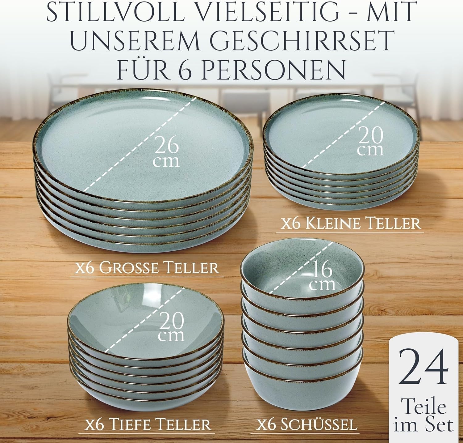 Steingut Geschirrset 6 Personen Rustikal 24 tlg. TESTSIEGER, Hochwertiges Landhausstil Steingut Geschirr Set, Schüssel- und Teller Set, Tafelservice 6 Personen, Geschirrsets Pure Living in Rauchblau