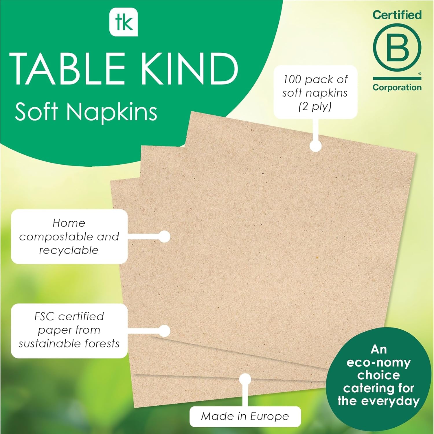 Tisch Art | 100 Großpackungen aus weichem Recyclingpapier, braune Einweg-Partyservietten, geeignet für den täglichen Gebrauch, umweltfreundlich, aus Kraftpapier, ungebleicht, kompostierbar, hergestellt in der EU, 2-lagig, 33 cm