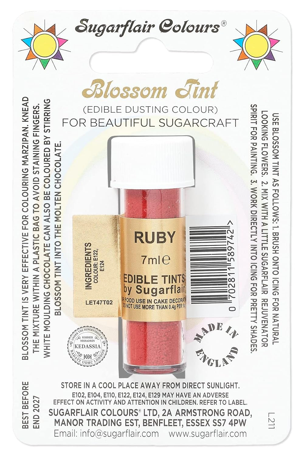 Lebensmittelfarbpulver Sugarflair Blossom Tint Dusting Ruby – Lebensmittelfarbpulver zum Dekorieren von farbiger Zuckerpaste, Fondant, Glasur, Schokolade, Buttercreme, Makronen – 7 ml