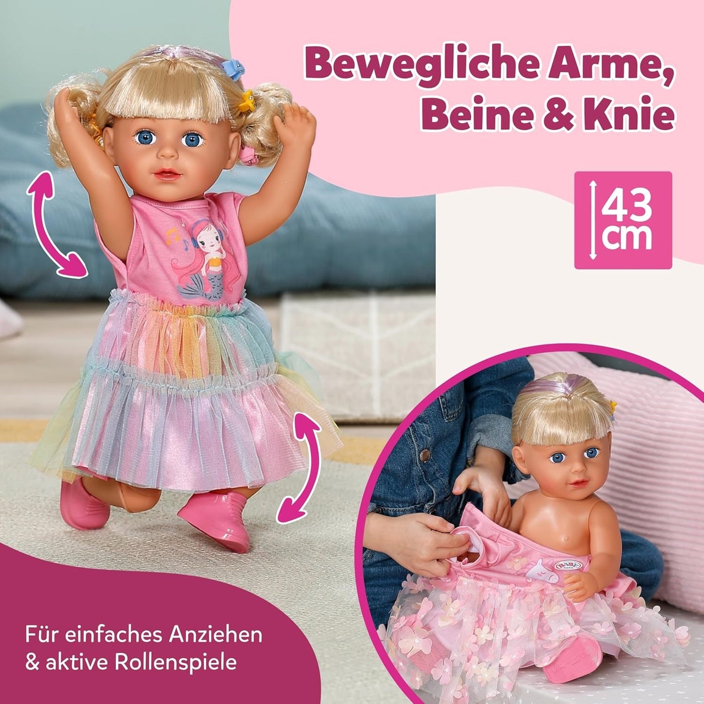 BABY born Carla – 43 cm große Puppe – hochwertiges blondes Haar mit Strähnen – keine Batterien erforderlich – geeignet für Kinder ab 4 Jahren – inklusive 7 Zubehörteilen, rosa