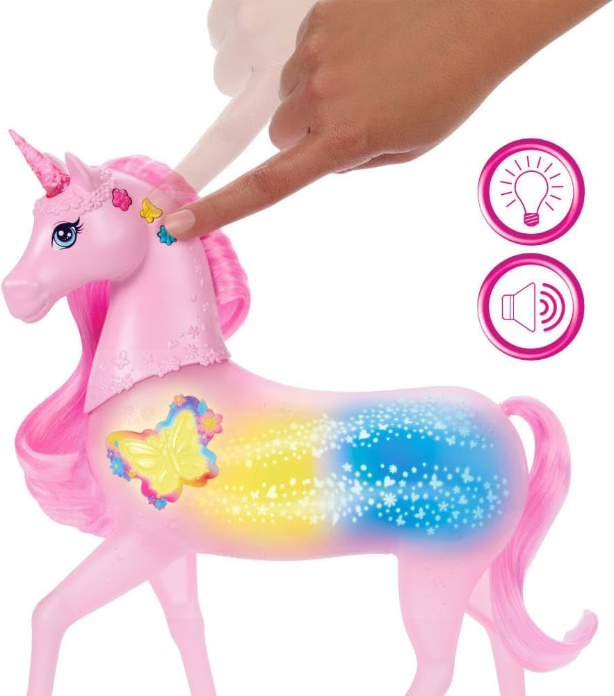 Barbie-Einhorn, das im Dunkeln leuchtet, mit 20 interaktiven Kombinationen aus Licht-, Sound- und Musikeffekten zum Spielen per Knopfdruck und Kopfstreicheln, JCP78