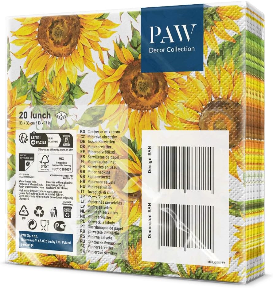 PAW – 3-lagige Servietten (33 x 33 cm) I 20 Stück I Perfekt für Geburtstage, Partys und Verabredungen I Herbstliche Tischdekorationen I Bunte Papierservietten – sonnenblumengelbe Blütenblätter I Tanzende Sonnenblume