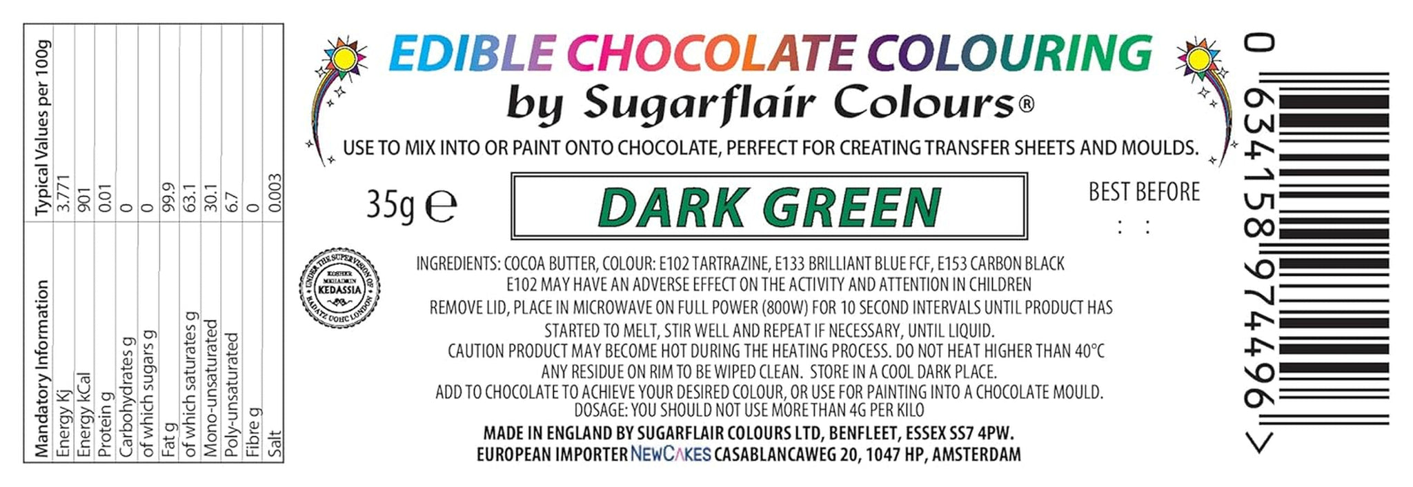 Lebensmittelfarbe Sugarflair Chocolate Lebensmittelfarbe für dunkelgrüne Schokolade - Farbige Bio-Kakaobutter, Schokoladenfarbe zum Färben von Schokolade, Pralinen - 35g
