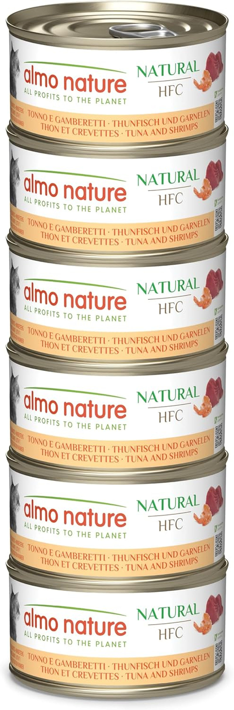 Almo Nature HFC Natural – Nassfutter für erwachsene Katzen – Thunfisch und Garnelen – menschliche Qualität, glutenfrei – 6 x 70 g