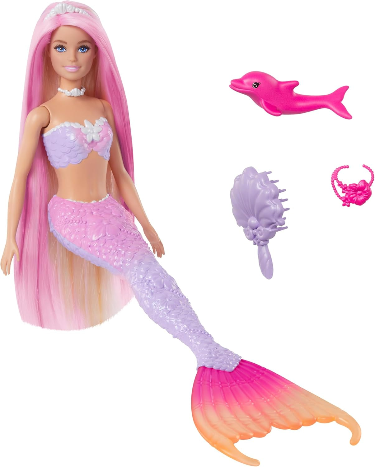 BARBIE Meerjungfrau-Puppe – inspiriert von der TV-Serie „Barbie: Hidden Magic“ mit Farbwechseleffekt und Zubehör, 19 cm lange rosa Haare zum Stylen, für Kinder ab 3 Jahren, HRP97