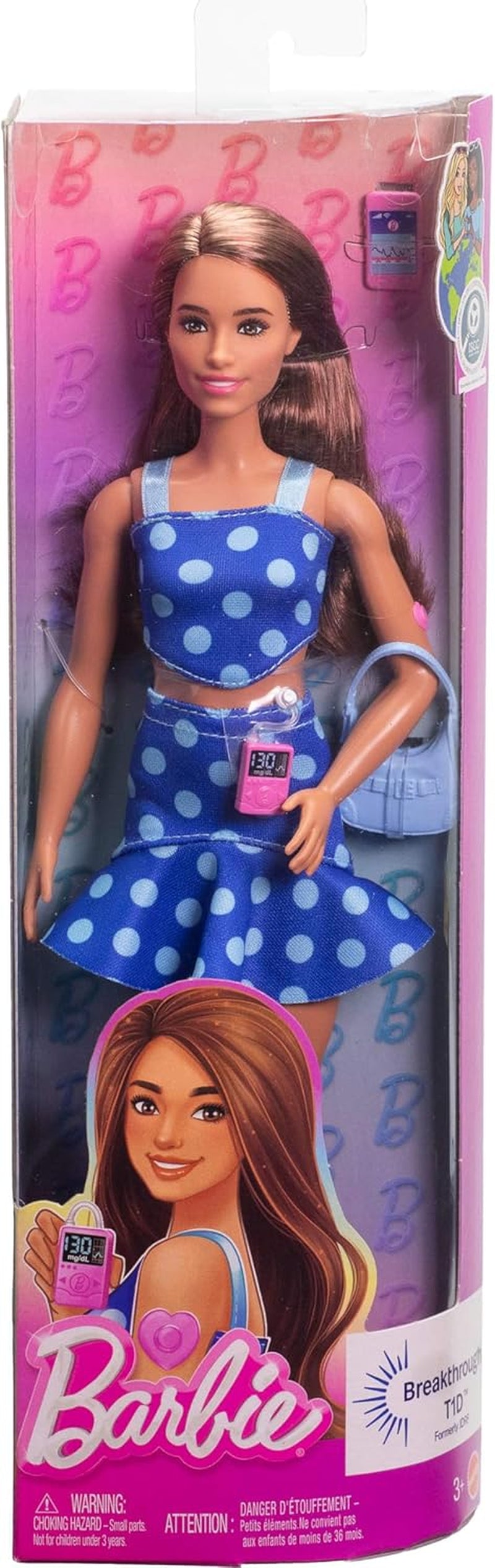 Barbie Fashionistas #242 Puppe mit Typ-1-Diabetes- und Polka-Dot-Outfit und Zubehör in Zusammenarbeit mit Breakthrough T1D, HYT97