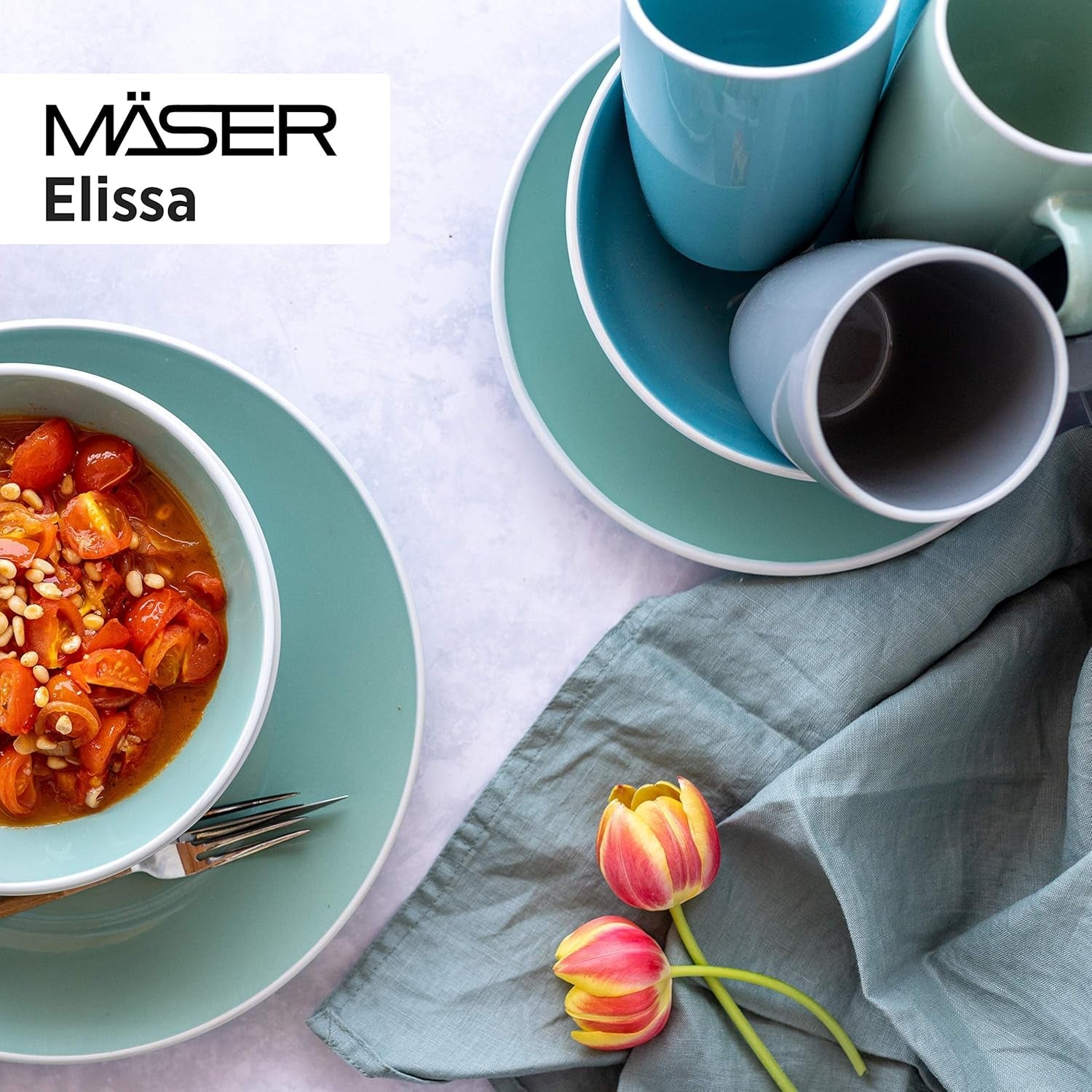 MÄSER 931844 Serie Elissa, modernes Geschirrset für 6 Personen, blau mit weißem Rand, 24-teiliges Kombi-Set, Keramik