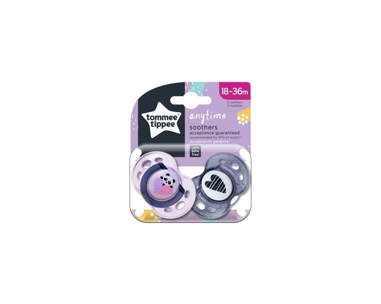 Tommee Tippee Anytime Schnuller, symmetrische kieferorthopädische Form, BPA-freies Silikon, 18–36 Monate, 2er-Pack, mehrfarbig