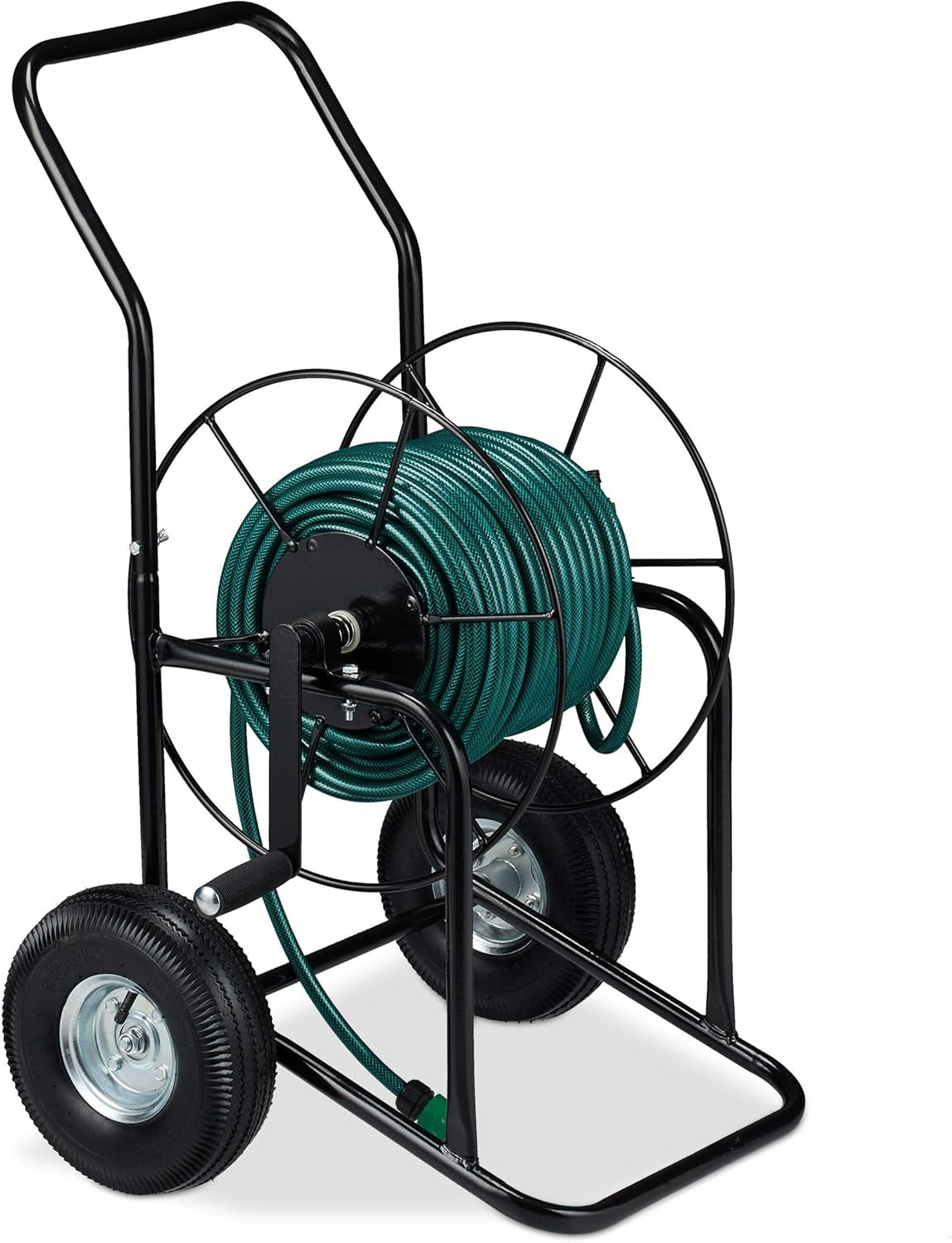 Relaxdays Schlauchwagen, mobile Schlauchtrommel, 1/2" und 3/4" Anschluss, Schlauch bis 80 m, 2 Rollen, Metall, schwarz