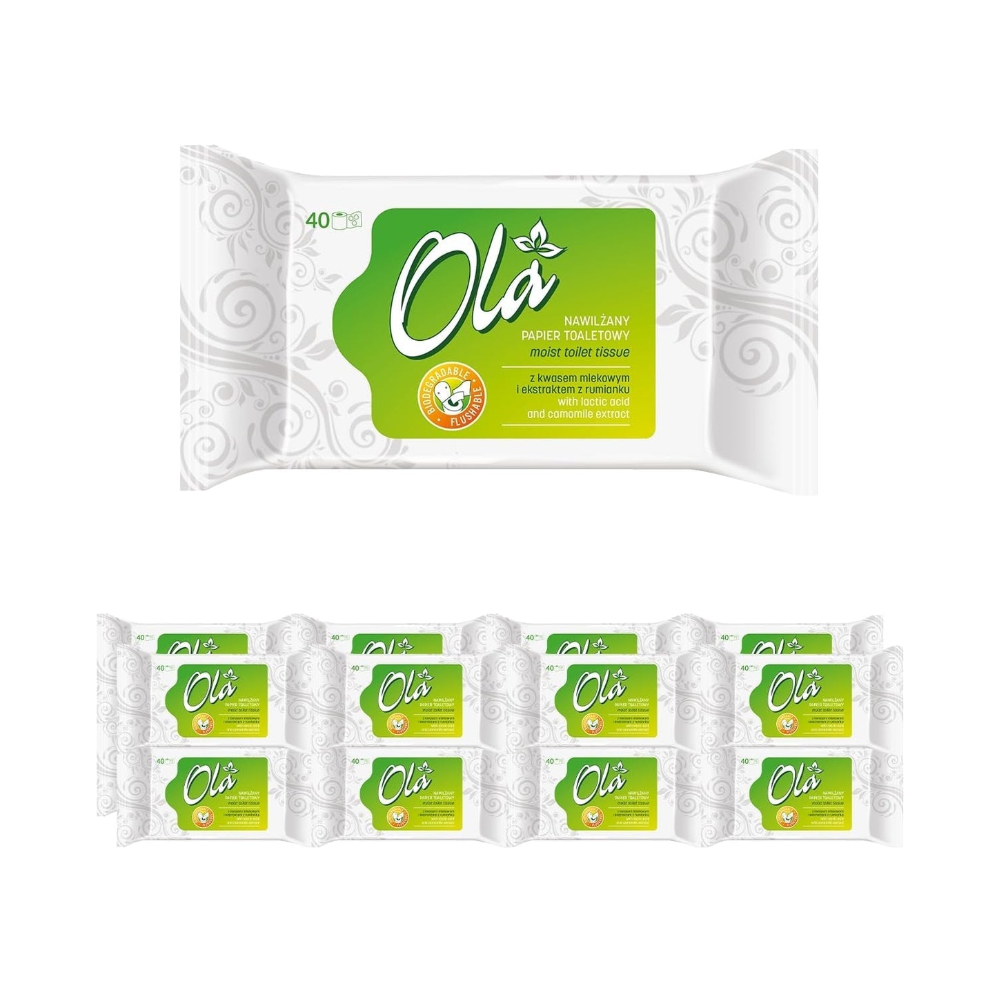 OLA Nasses Toilettenpapier – (1X40 Stück) Feuchttücher – Kamillenextrakt und Milchsäure, waschbar, empfindliche Haut – 40 Stück