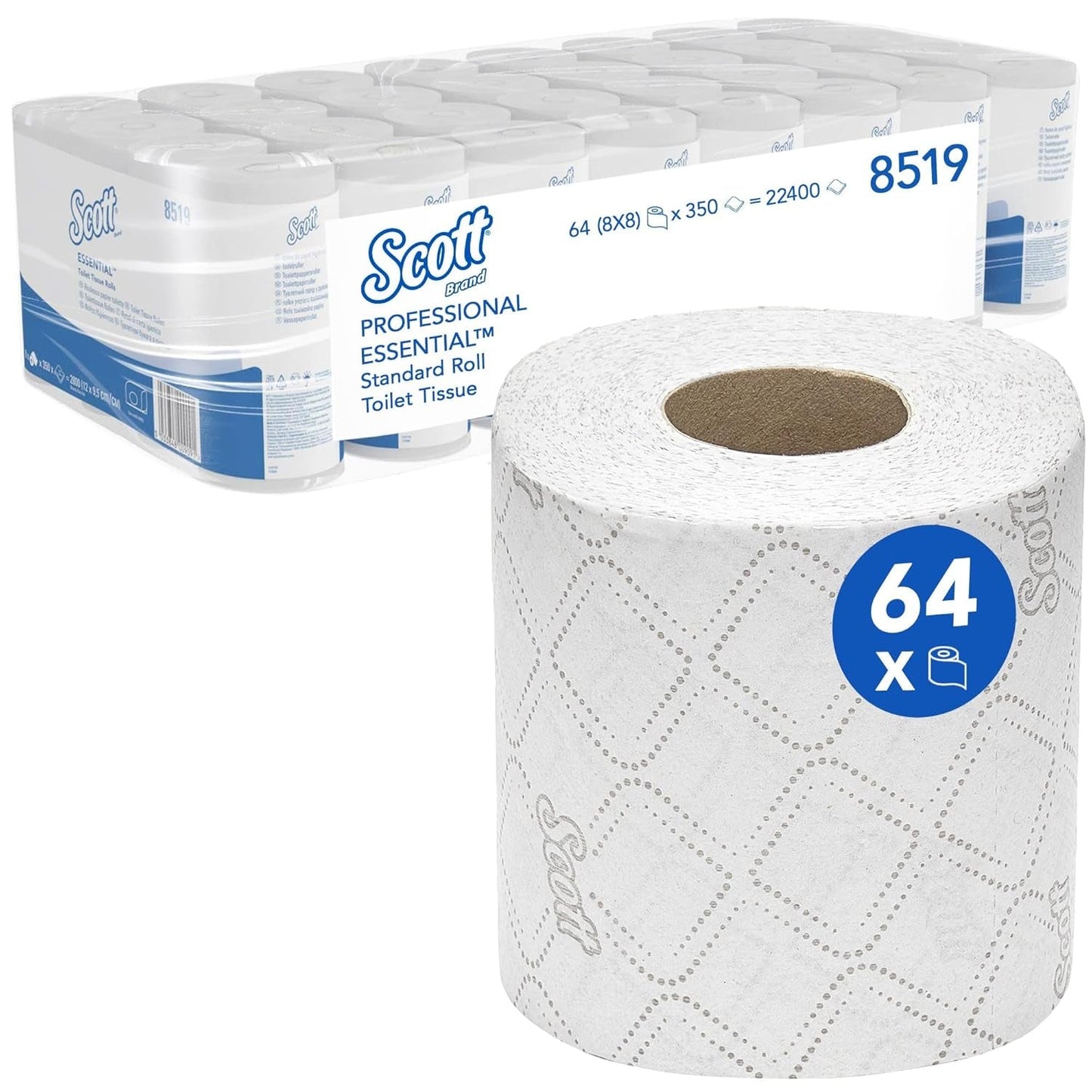 Scott® Essentialtm 8519 Toilettenpapier, 2-lagig, weiß, FSC-zertifiziertes Toilettenpapier aus recycelten Fasern, 64 Rollen x 350 Blatt (insgesamt 22.400 Blatt)