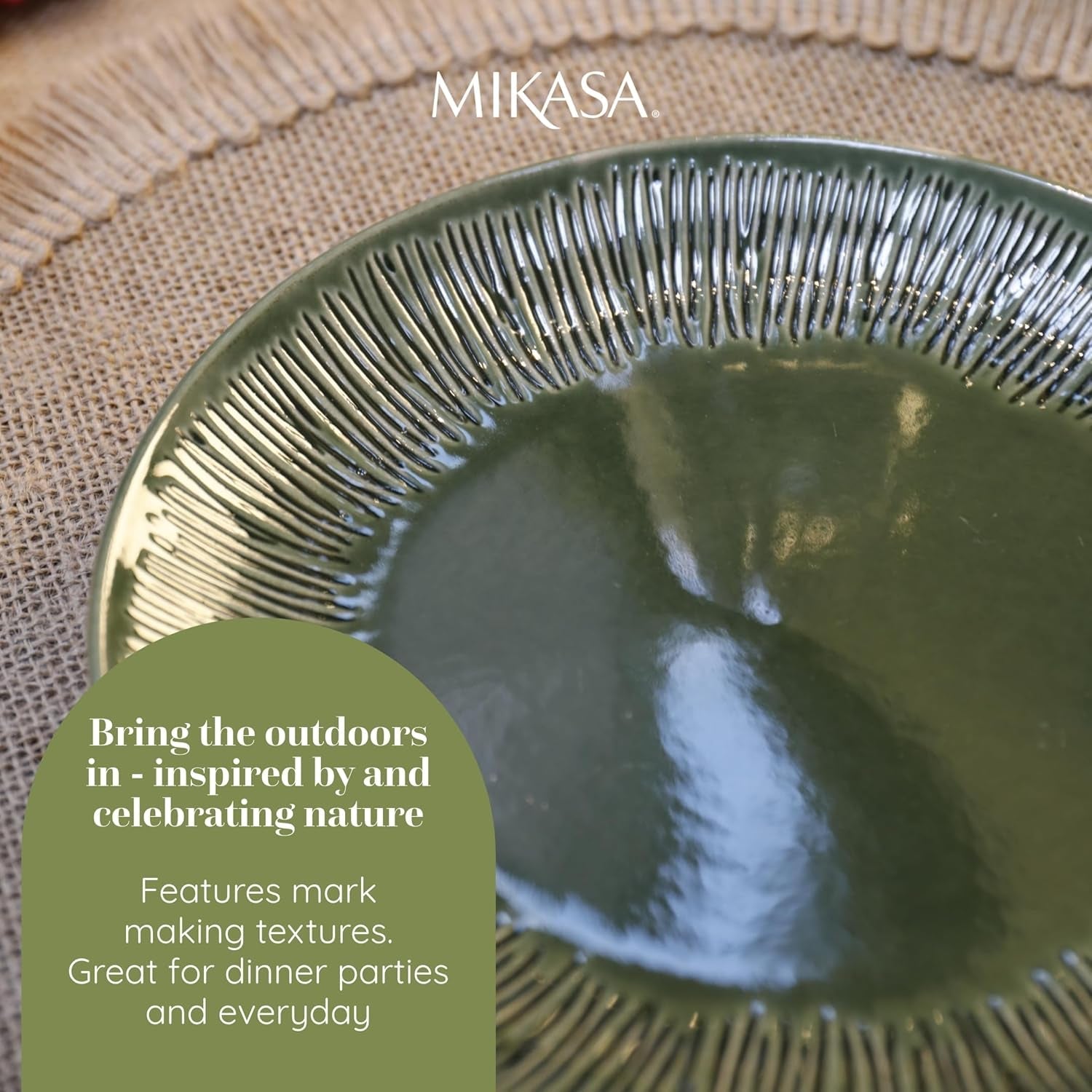 Mikasa Jardin 12-teiliges Geschirrset, Steinzeug-Geschirrset für 4 Personen mit Tellern, Beilagentellern und Schüsseln, grün – Geschenkbox und spülmaschinenfest