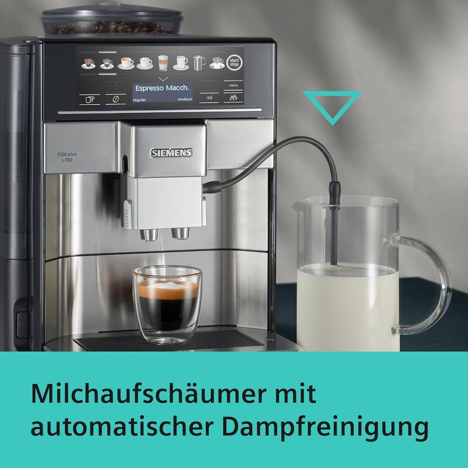 Automatische Espressomaschine Siemens EQ.6 plus s700 TE657503DE, für viele Kaffeespezialitäten, Milchaufschäumer, Keramikmahlwerk, Doppelkaffeefunktion, Antikalk, automatische Dampfreinigung, 1500 W, Edelstahl