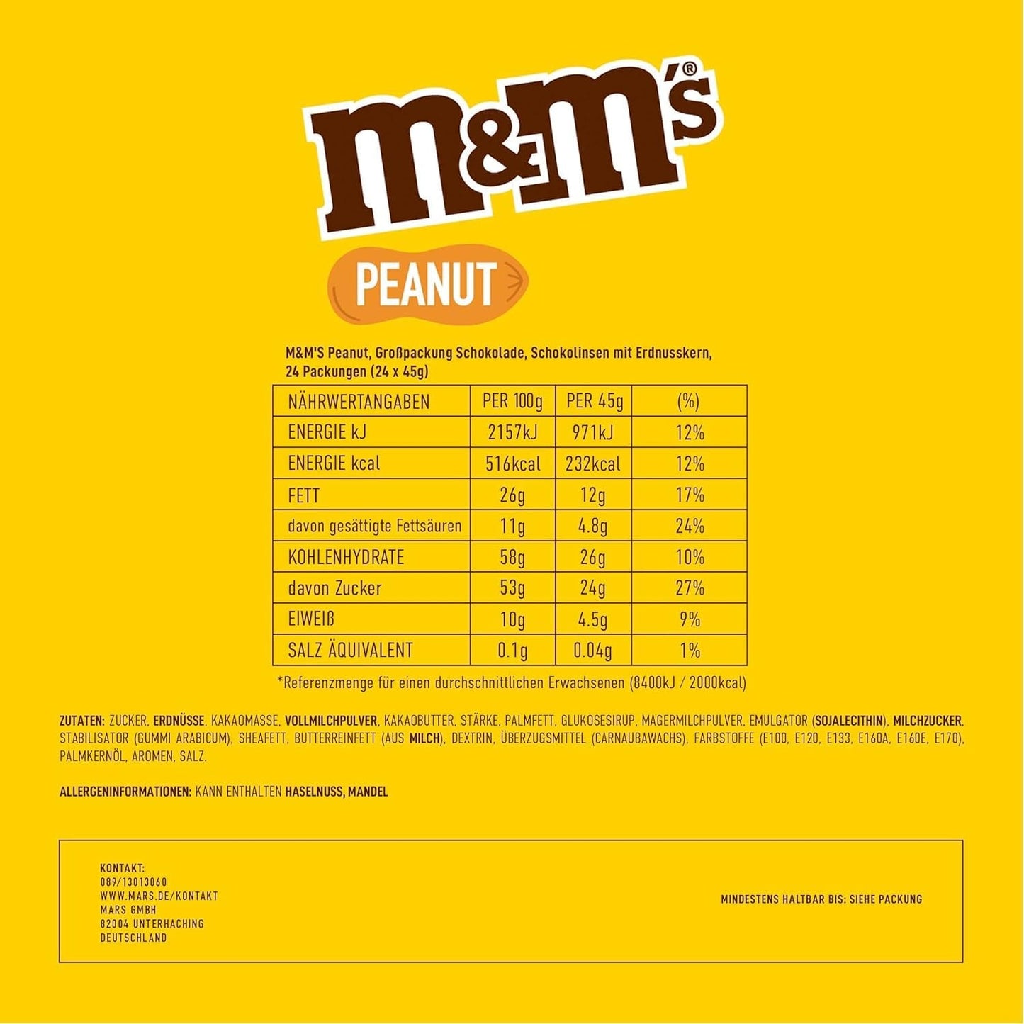 M&M's Erdnuss-Schokoladen-Großpackung, 24 x 45 g Schokoladen-Linsen mit Erdnussgeschmack, Schokoladengeschenk (1080 g), ideal als Leckerbissen zum Thema Fußball