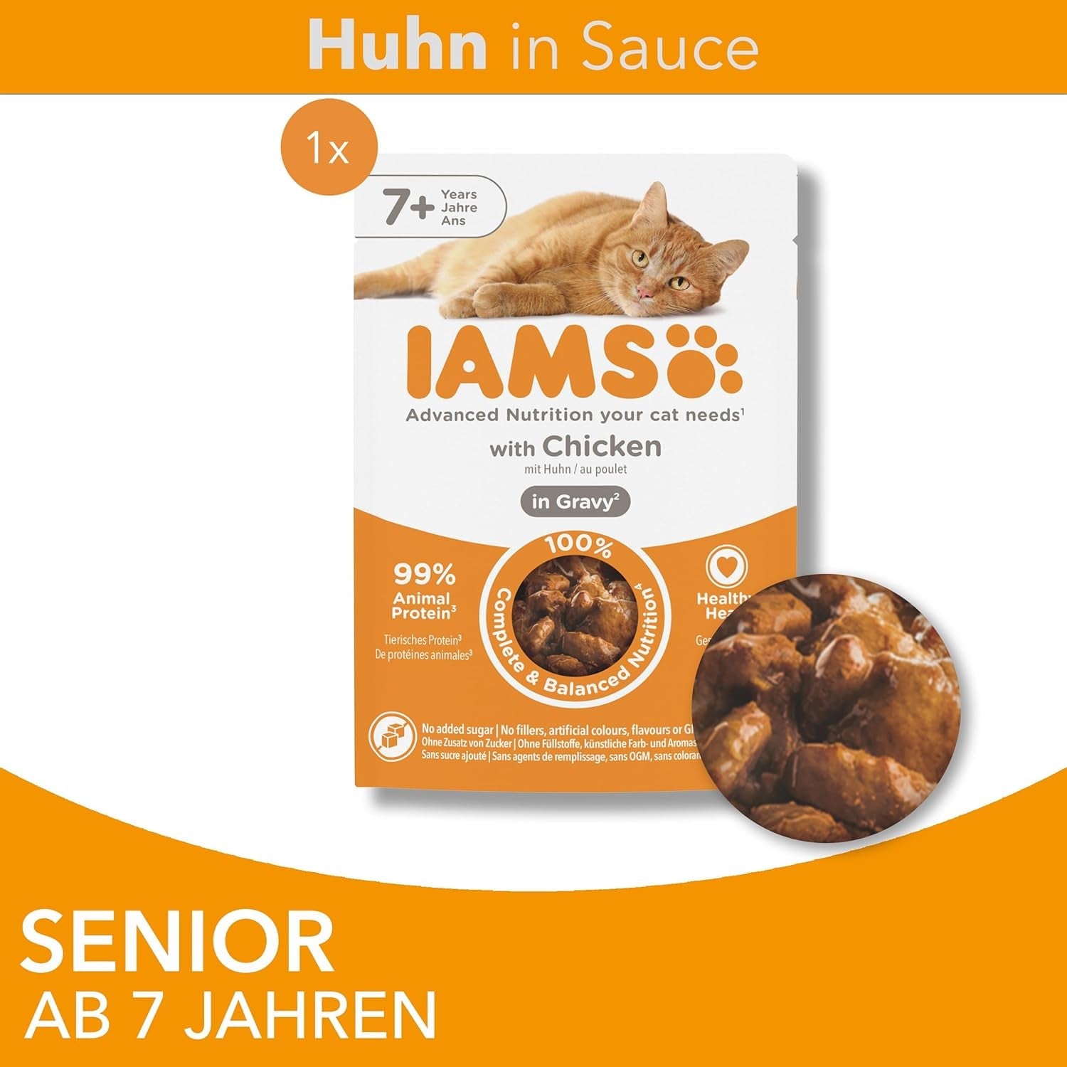 IAMS Delights Nassfutter für Katzen mit Huhn in Soße für ältere Katzen ab 7 Jahren – Probiergröße, Einzelbeutel, 1 x 85 g