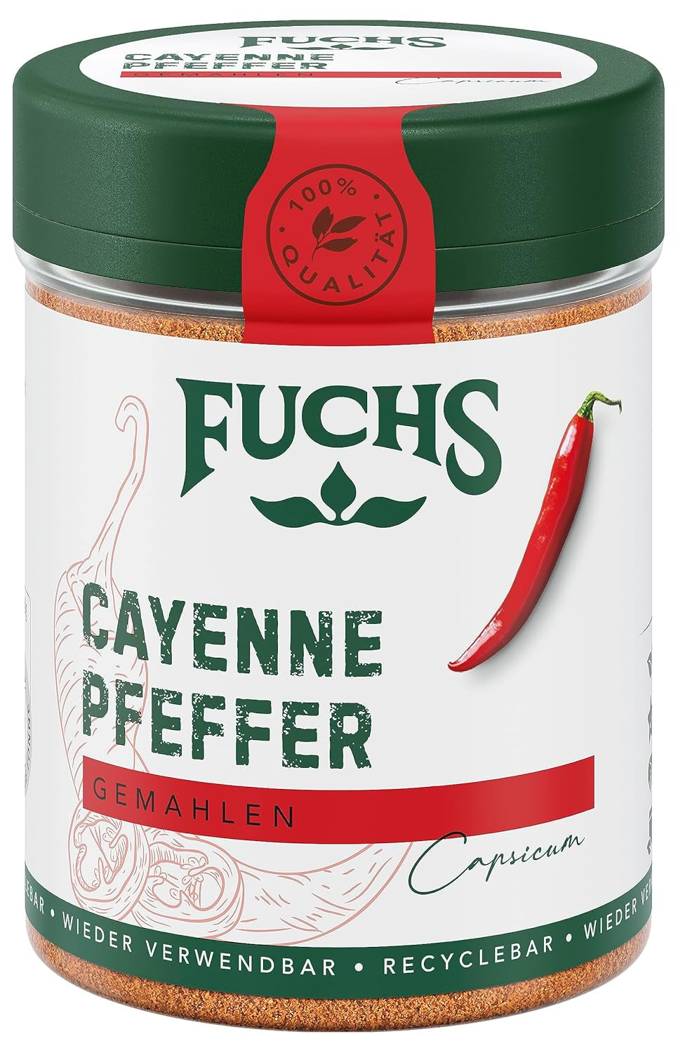 Fuchs Gewürze – Cayennepfeffer gemahlen – für einen scharfen Geschmack in Gerichten aller Art – natürliche Zutaten – 60 g in wiederverwendbarer, recyclebarer Dosis